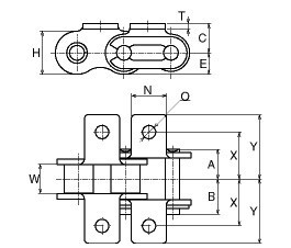 xich công nghiệp tai gá 2 bên má ngang 90 độ, xích tai gá